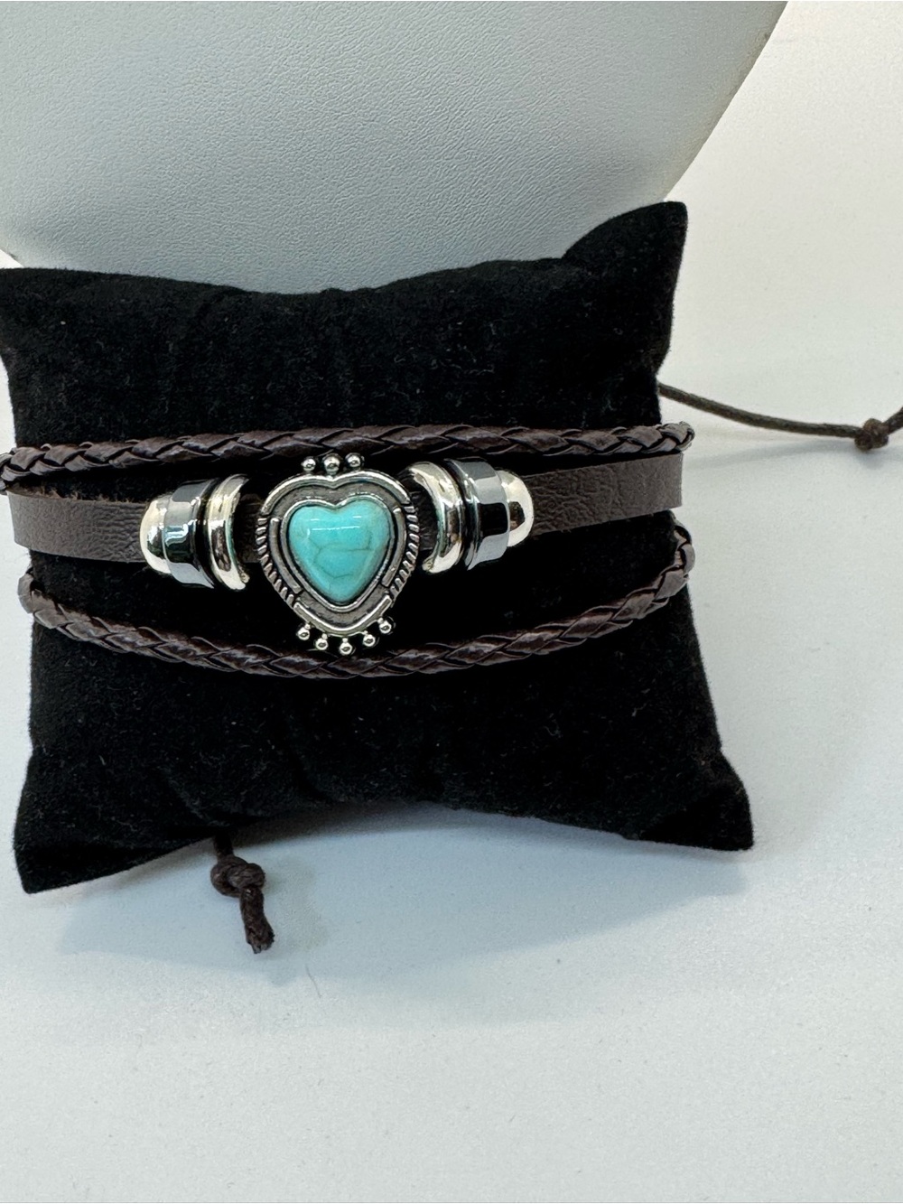 Turquoise Crackle Heart Leather Wrap Pullcord Bracelet Urban New